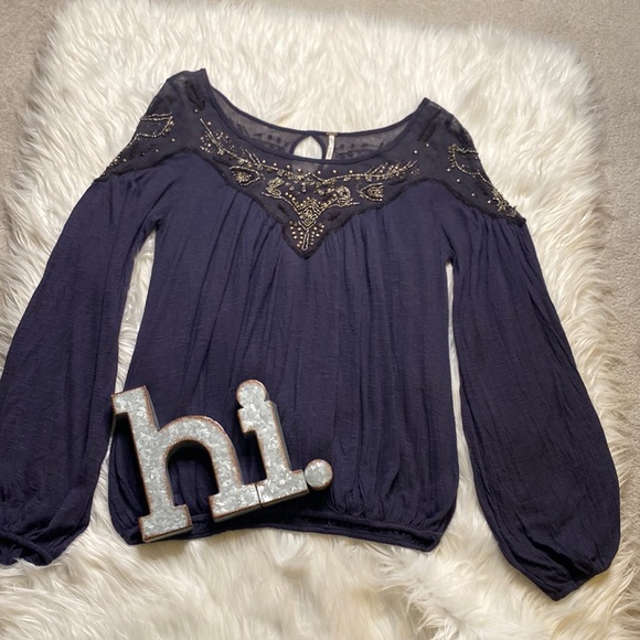 Free People Beaded, Flowey Sleeved Blouse w/ Keyhole neckline on back - Picture 2 of 9